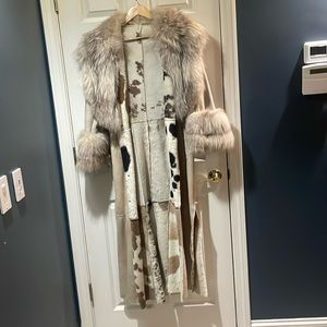 Full length, suede coat with gray fur, trim on the collar and on the cuffs